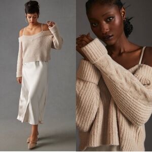 Mare Mare x Anthropologie Layered Knit Sweater & Satin Slip Dress Pearl M